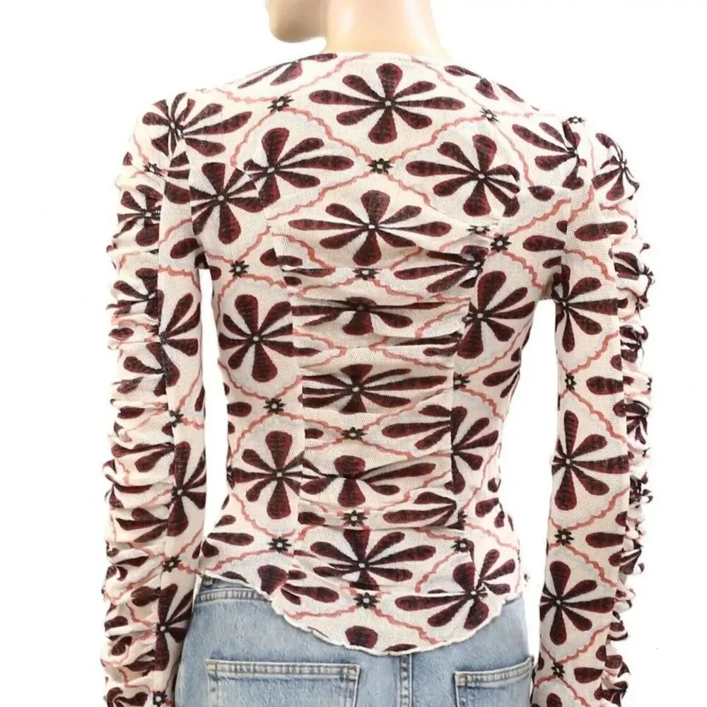 Free People Through The Meadow Blouse Top Ruched Floral Printed Cotton L 288427